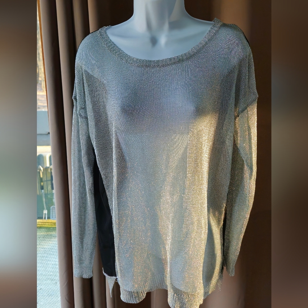 Elan Hi‑Lo Metallic Silver Sweater Oversized Dolman Fit
